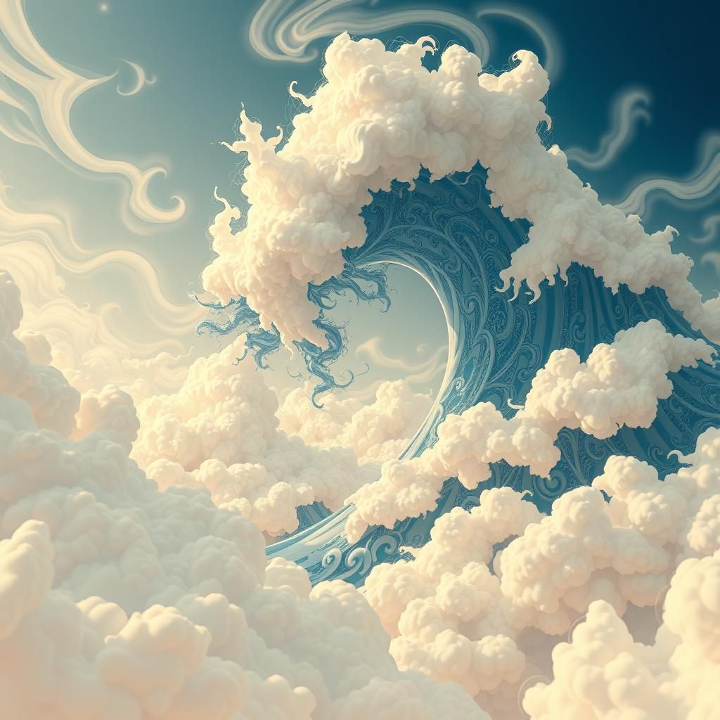 Dreamy Vanilla Sky with Abstract Fractals in Ukiyo-e Style