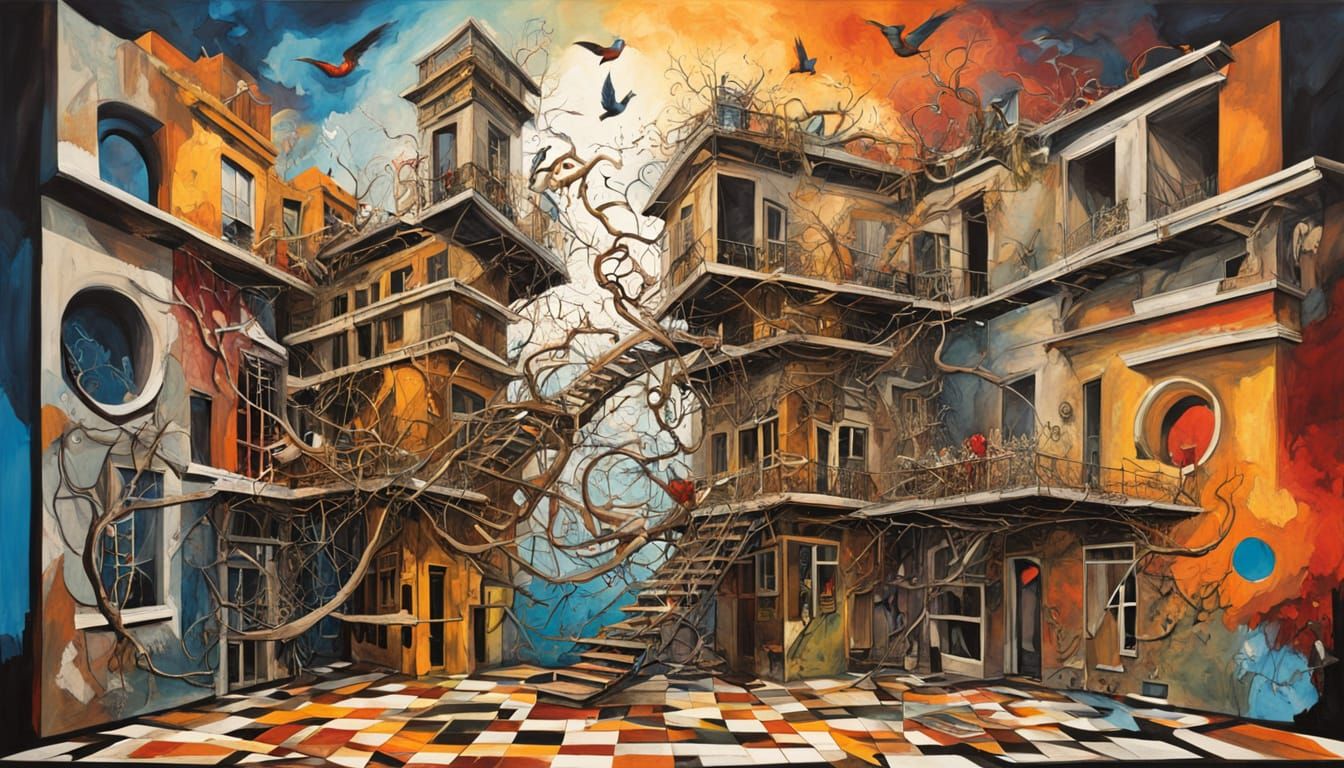 Surreal Architectural Chaos in Mixed Media