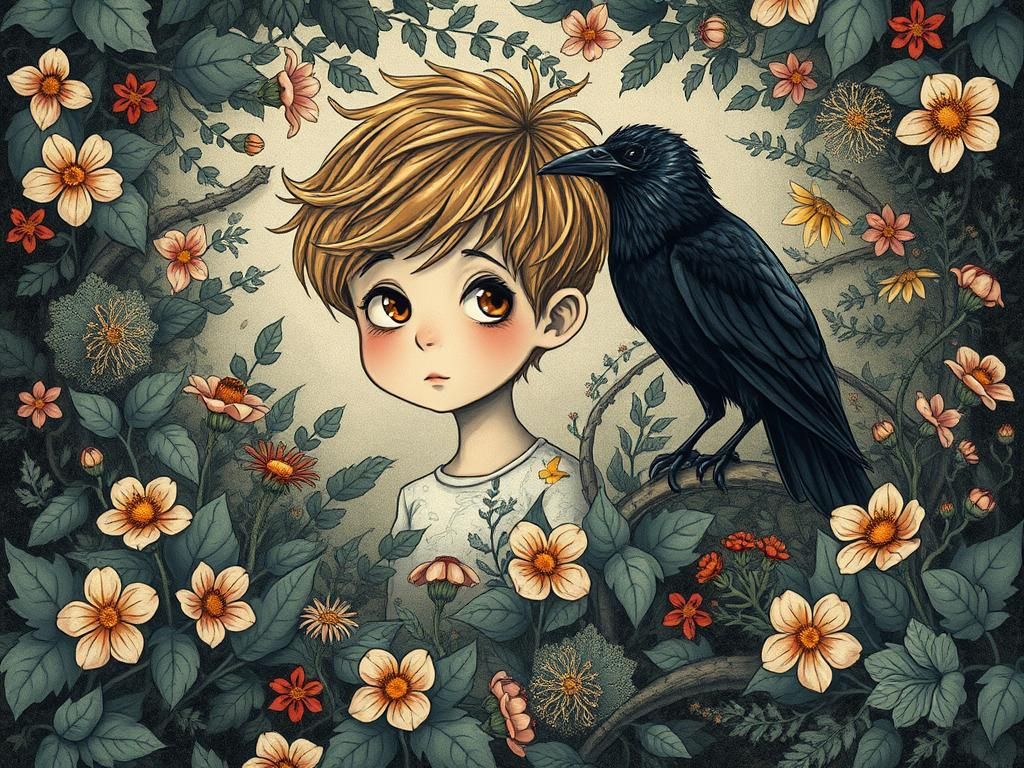 Boy and Crow in Dreamlike Foliage