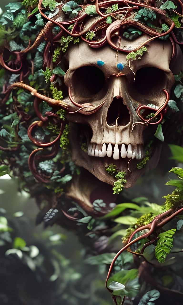 Vines Grow from Skull: Hyperdetailed Fantasy Art