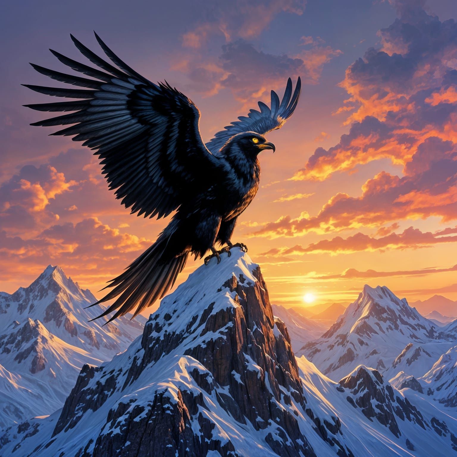 Thunderbird on Snowy Peak at Sunset as Oil Painting
