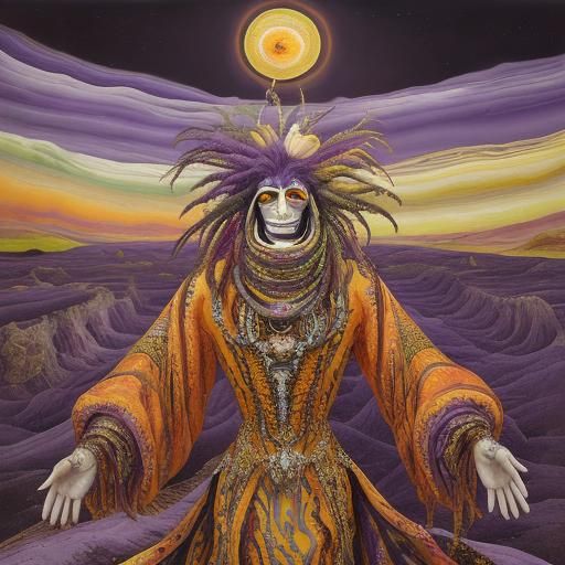 Cosmic Travelers in Extravagant Landscape, Oil Painting