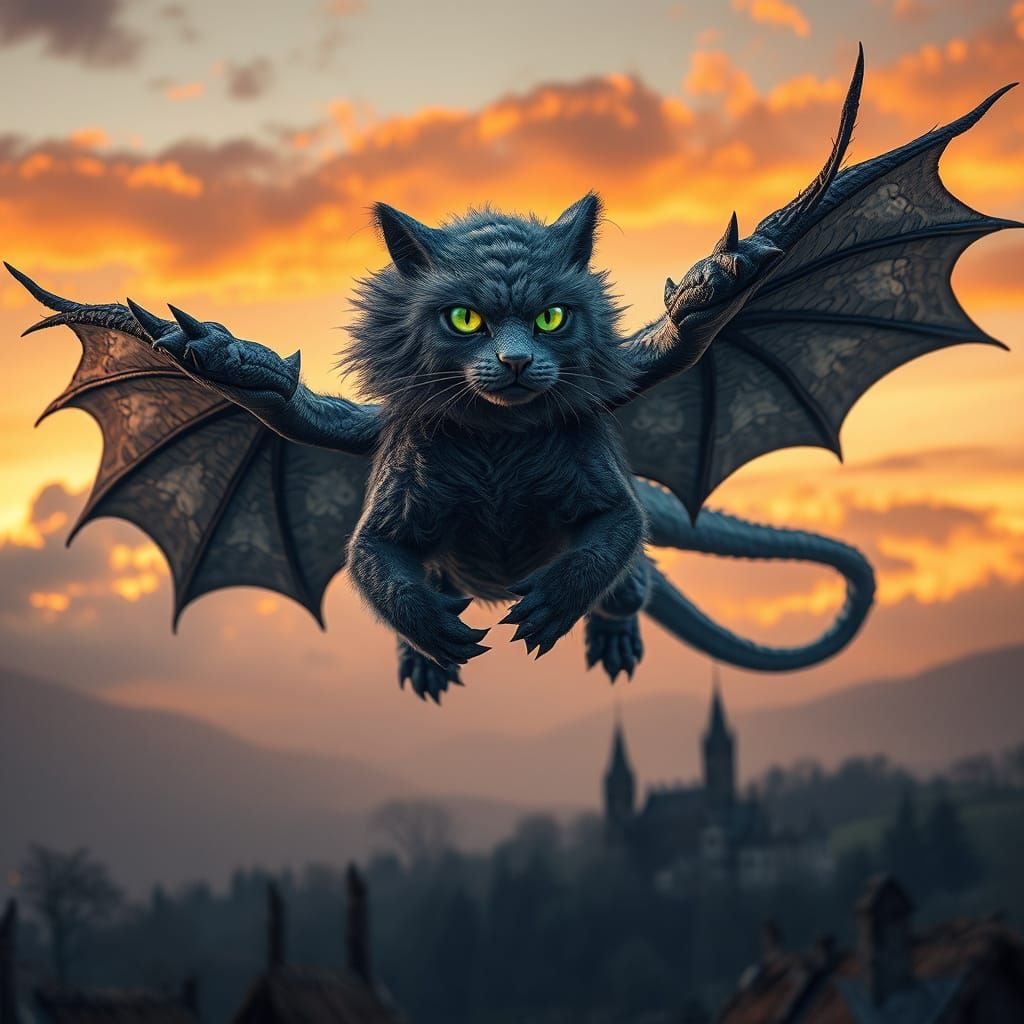 Majestic Feline Dragon Soars Through Twilight Skies