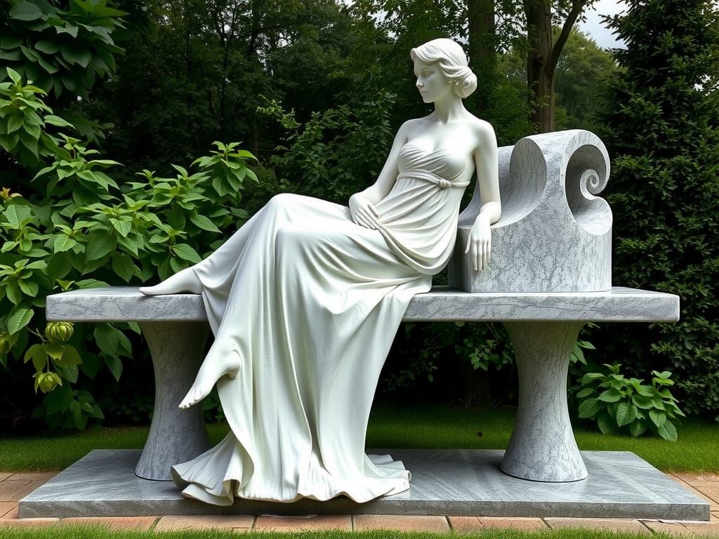 Abstract Woman on Granite Bench in Modernist Style