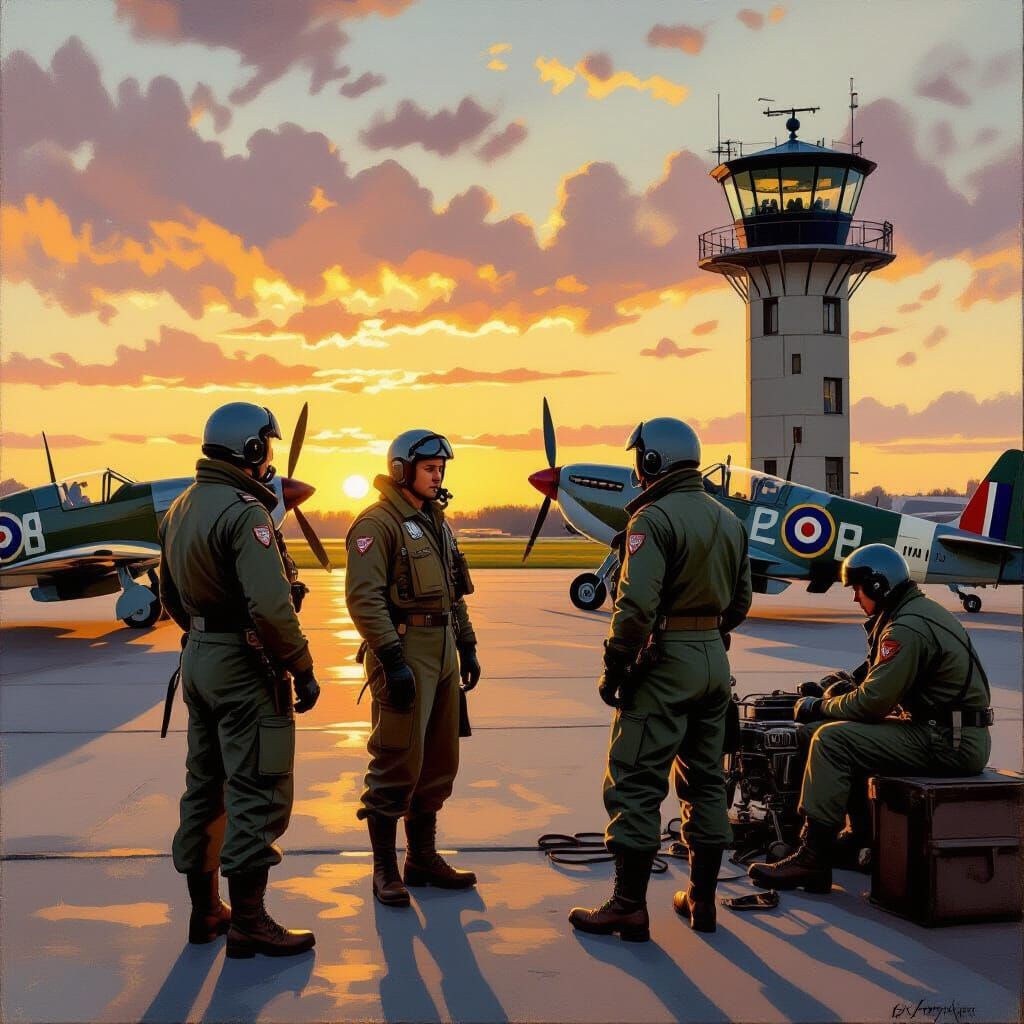 RAF Pilots Prepare Spitfires at Dawn, Atmospheric Artwork