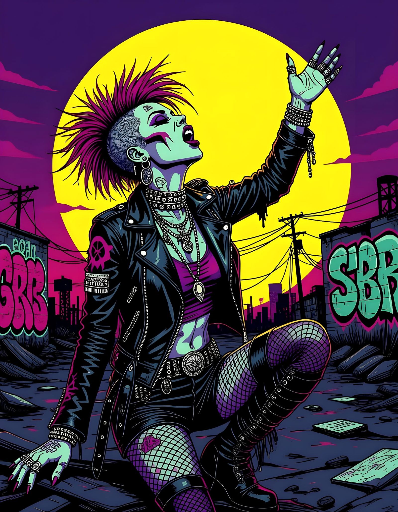 Punk Shamaness Howling at Moon in Noir Comic Style