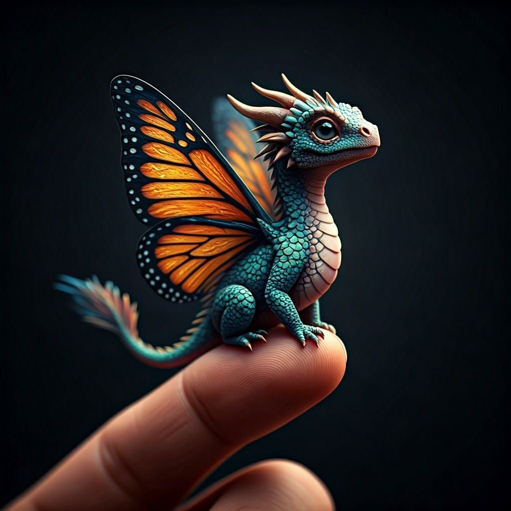 Iridescent Dragon with Butterfly Wings on Finger