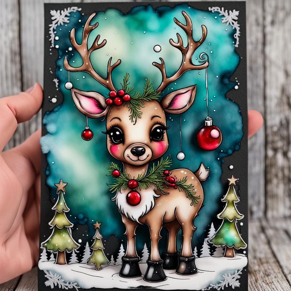 Whimsical Christmas Reindeer in Alcohol Ink Style