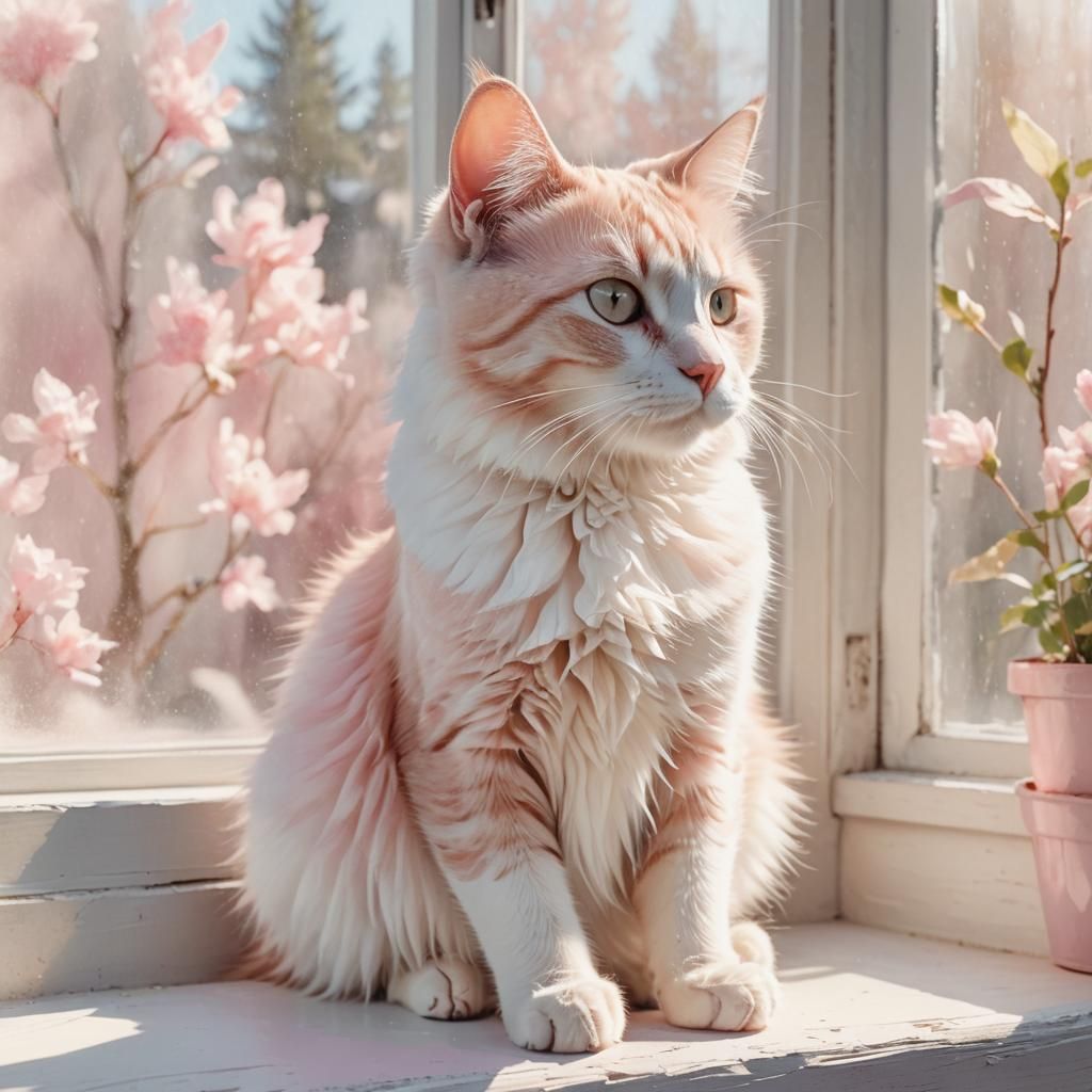 Pink Cat on Windowsill in Pastel Digital Art