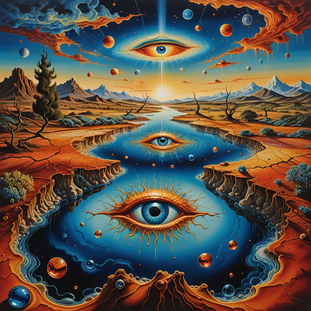 Melting Landscape with Floating Eyes and Glass Rivers