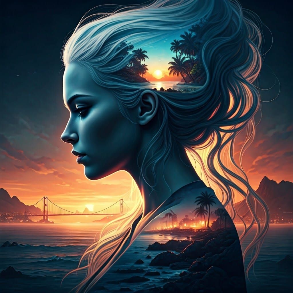 Mystical Woman with Beach Hair in Cityscape Double Exposure