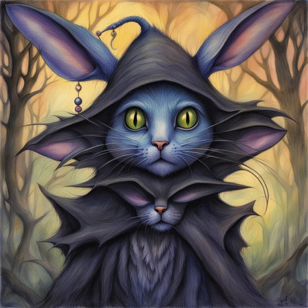 Cute Dark fey creature of the dusk, rodent, cat and rabbit fairy creatures, shadow , protectors seen in shadows, Tim Bur...