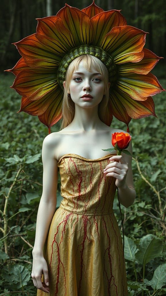 woman with pale, waxy skin stands motionless in a clearing saturated with unsettling greenery. She wears a gigantic head...