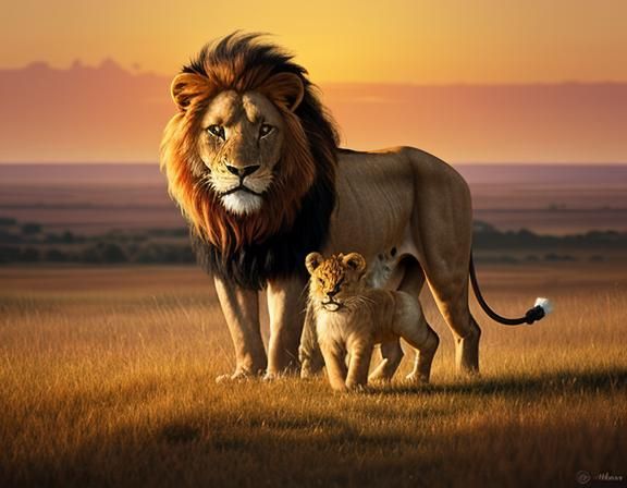 Lion and Cub Silhouette at Dusk in Splash Art