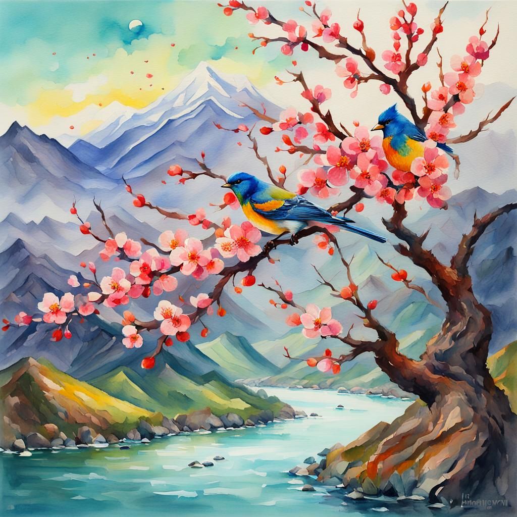 Colorful Bird and Blossoms: Impressionist Watercolor