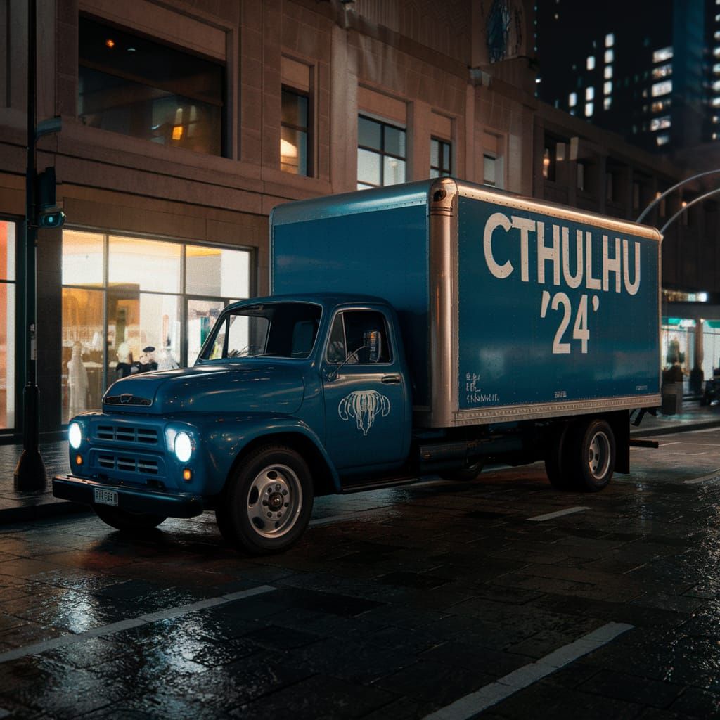 Truck with CTHULHU '24 on a City Street at Night