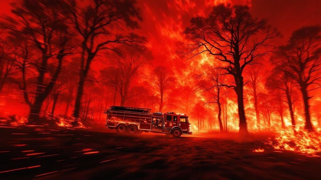 Inferno: Fiery Forest and Fire Truck in Dark Fantasy Style