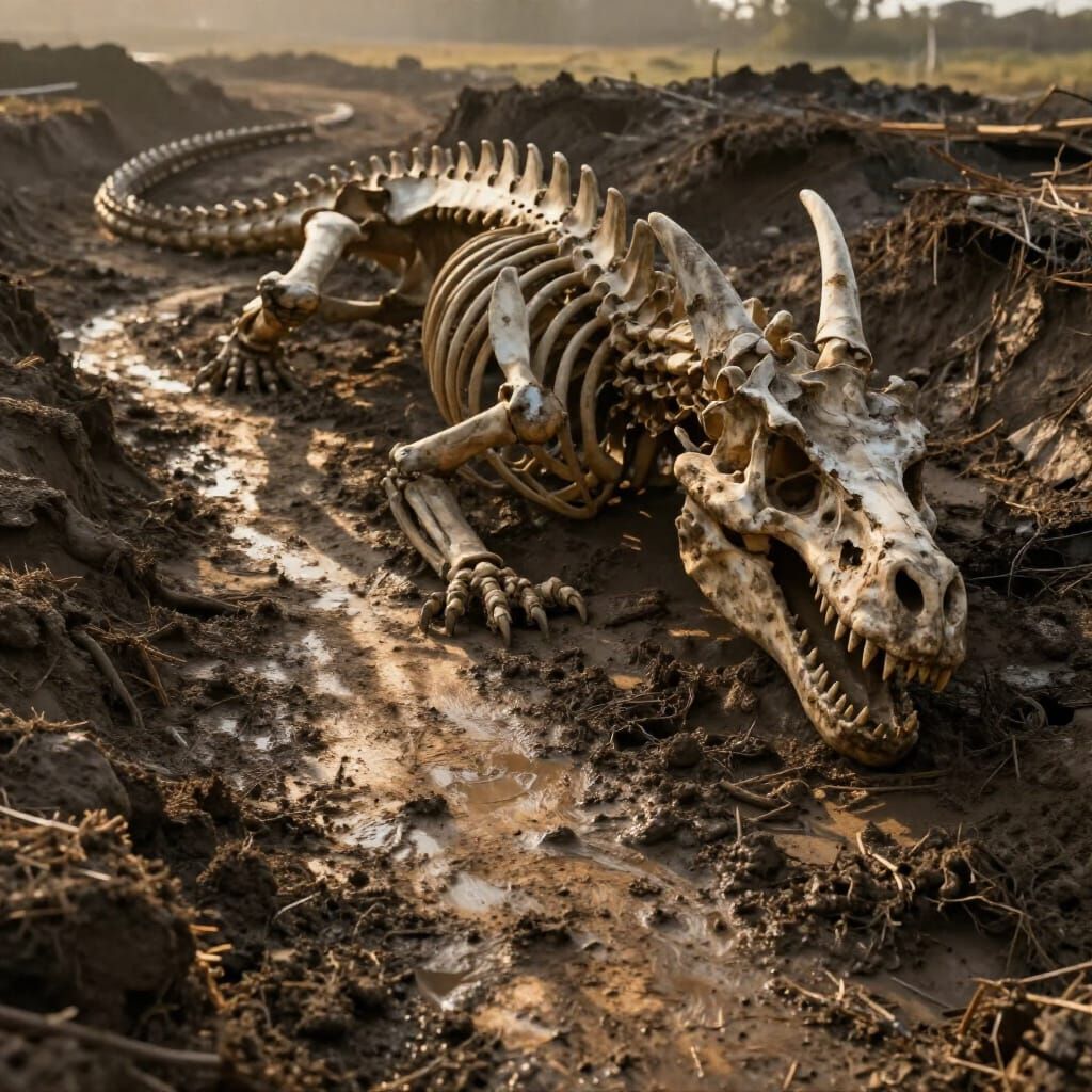 Dragon Skeleton Emerges from Muddy Trail in Golden Hour Ligh...
