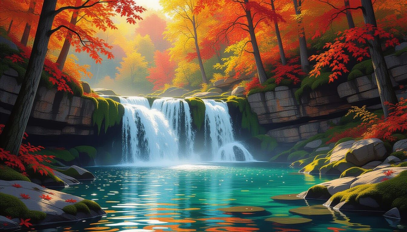 Vibrant Autumn Waterfall Landscape in Painterly Style
