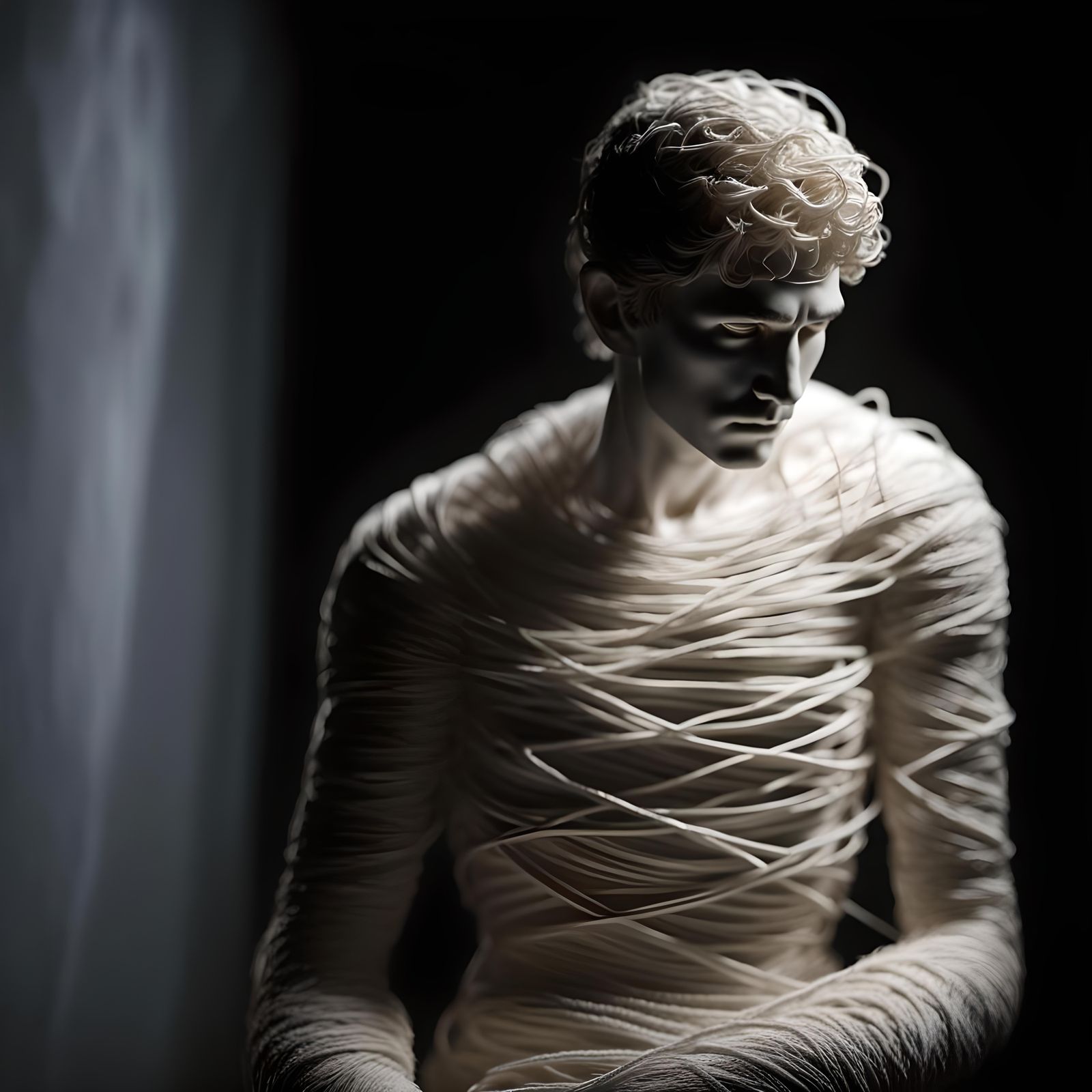 Realistic White String Statue in Dark Room