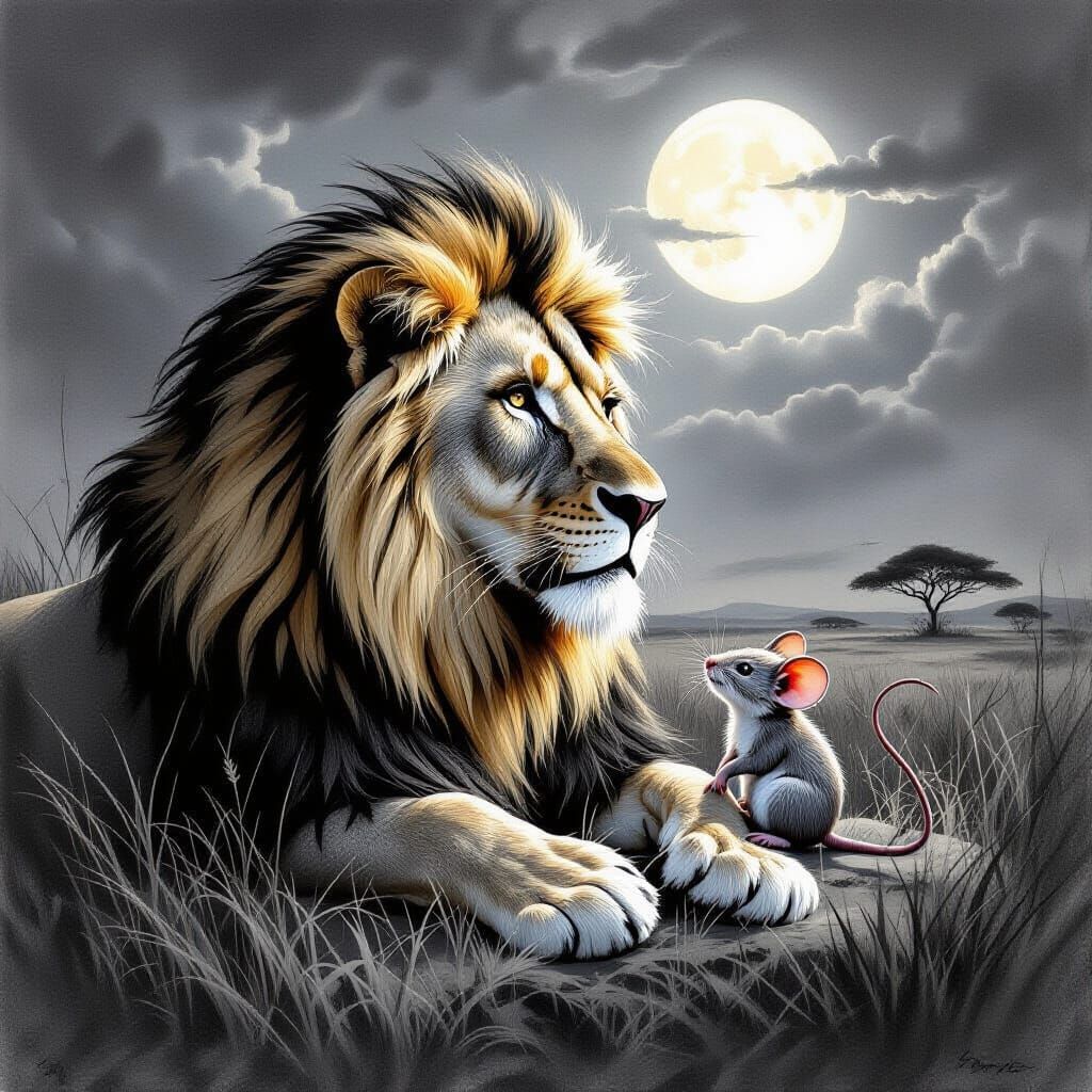 Lion and Mouse in Moonlit Savannah, Charcoal Art