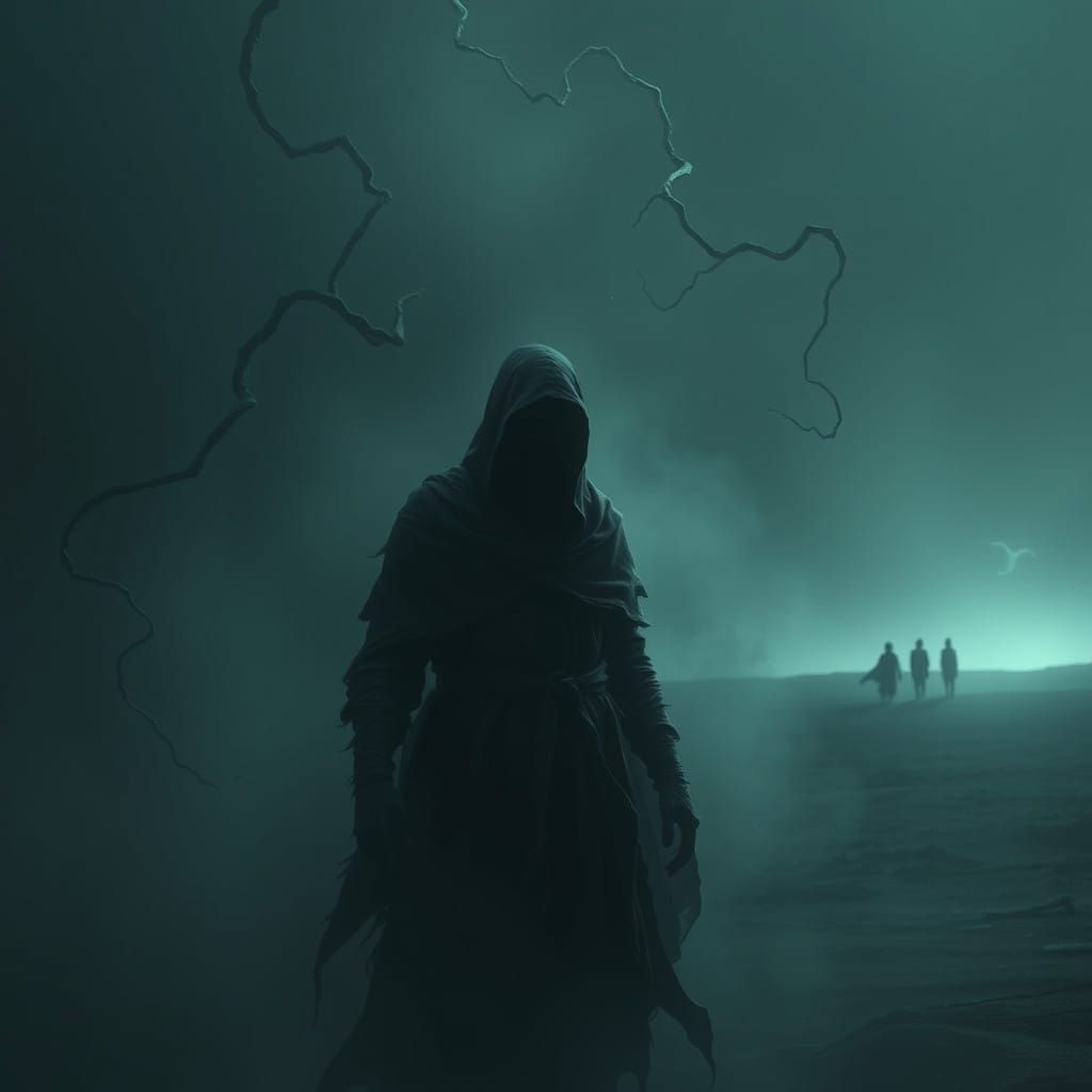 Melancholic Figure Consumed by Shadows in a Desolate Realm