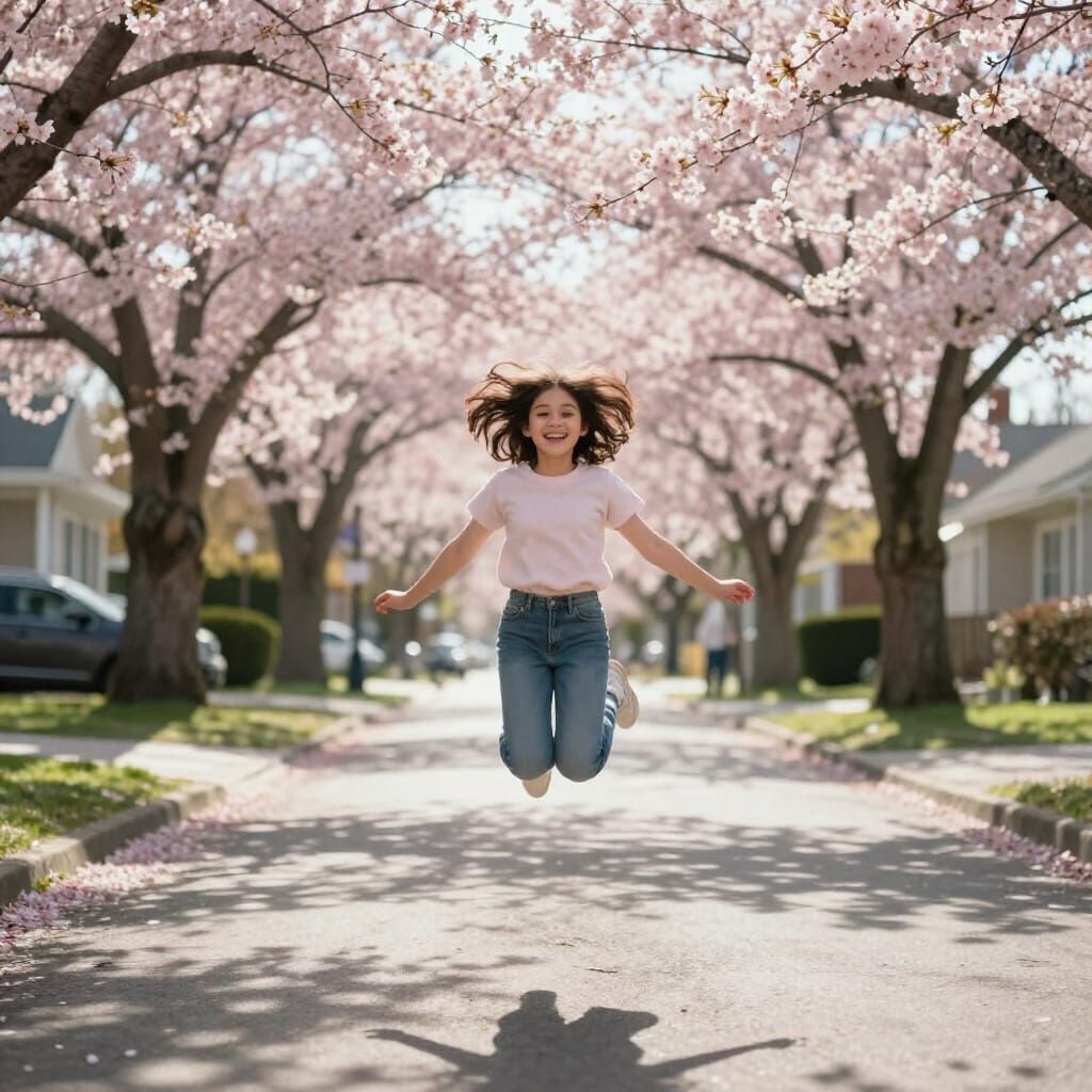 Girl Skipping Down Cherry Blossom Street