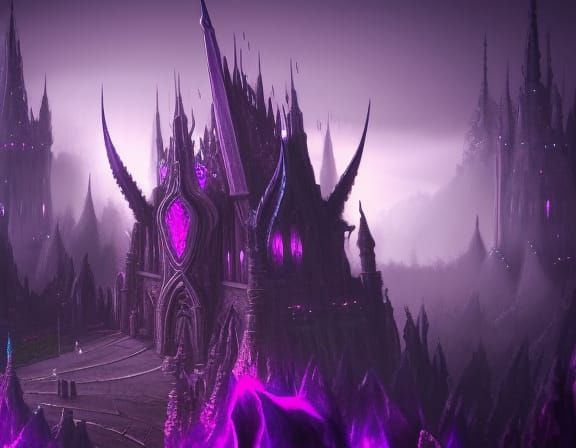 insanely detailed tall, spiky dark purple castle spire with horns covered in dark gemstones 8k resolution concept art dy...
