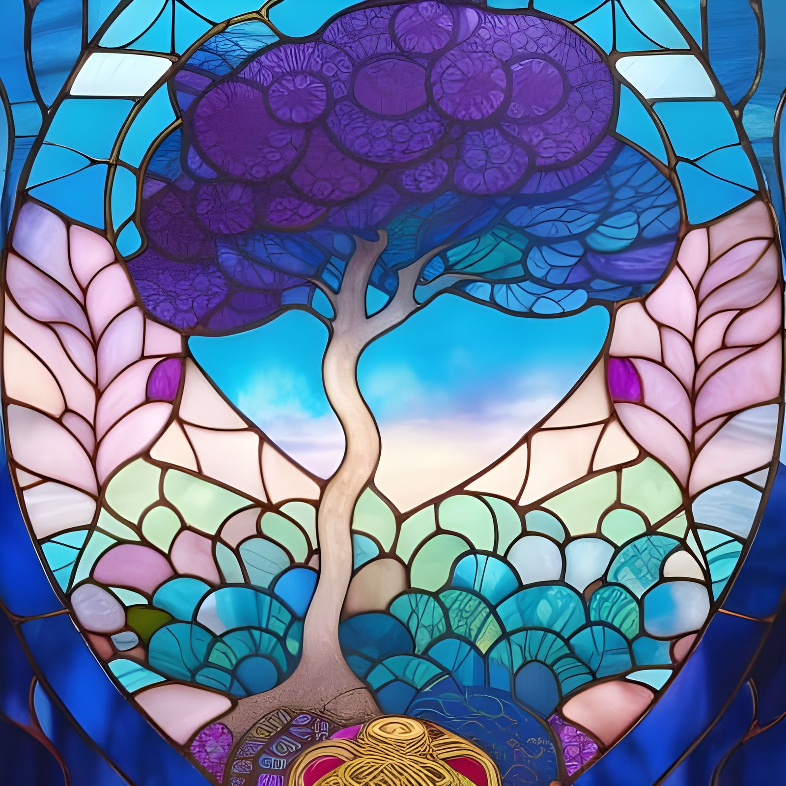Whimsical Stained Glass Window of Ancient Tree