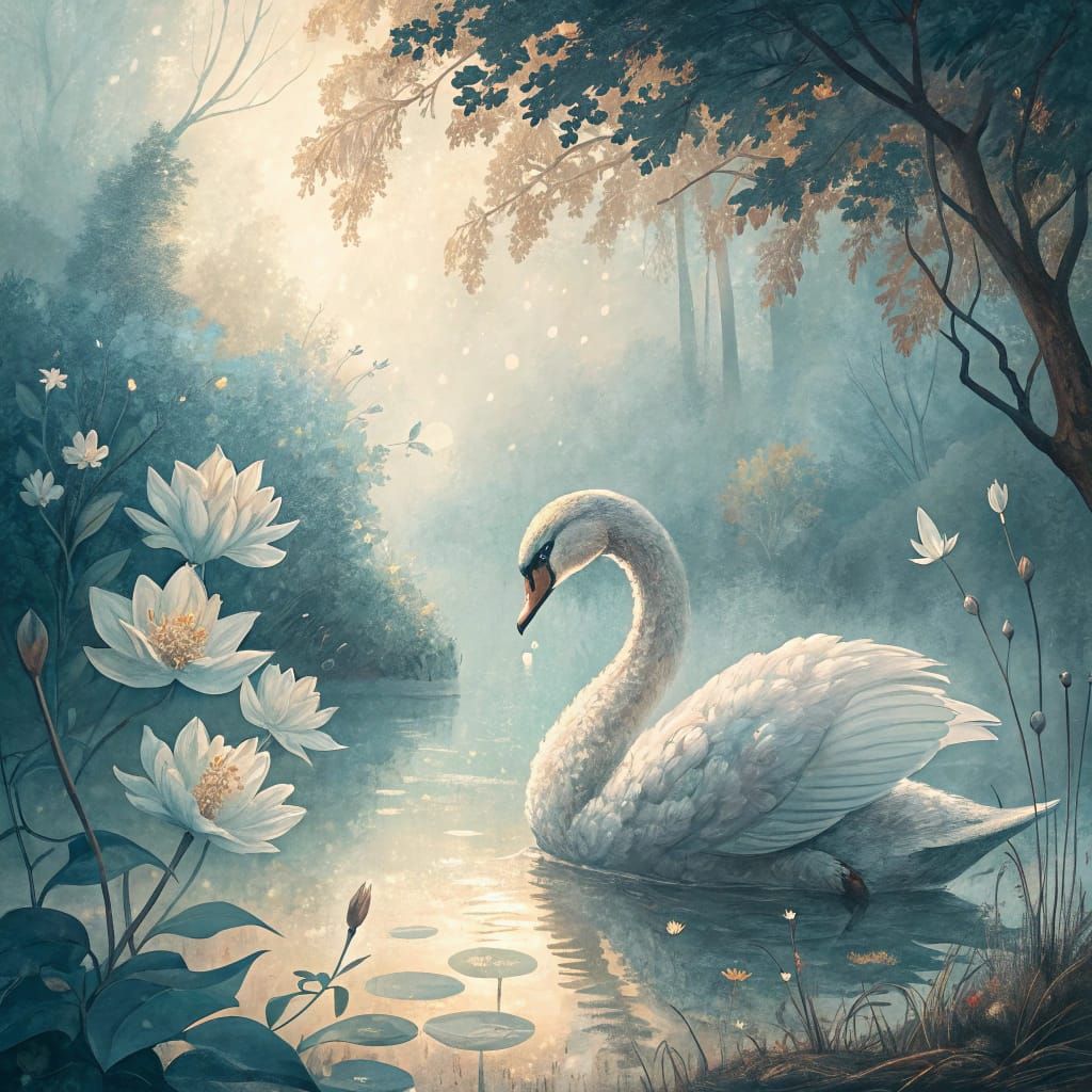 Watercolor Swan in Misty Garden Dreamscape