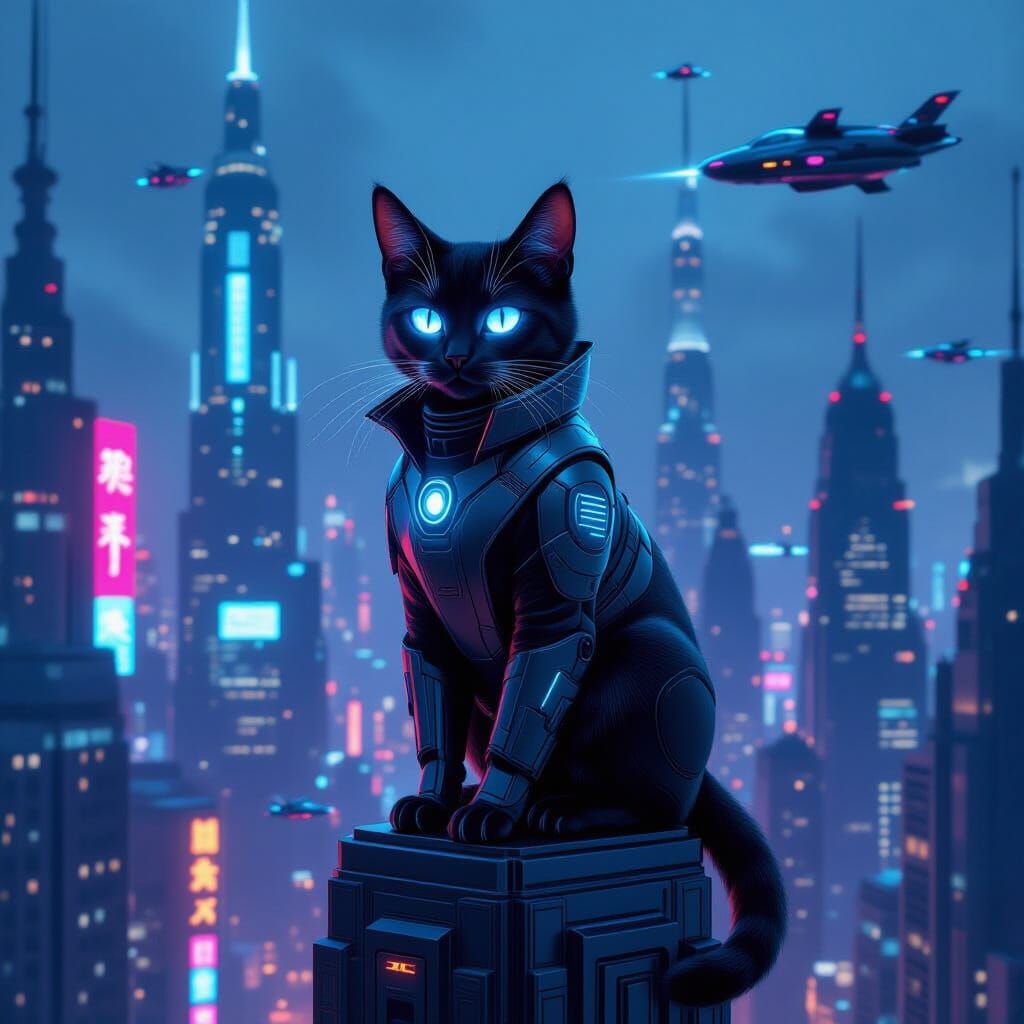Cybernetic Cat Guardian in Futuristic Metropolis