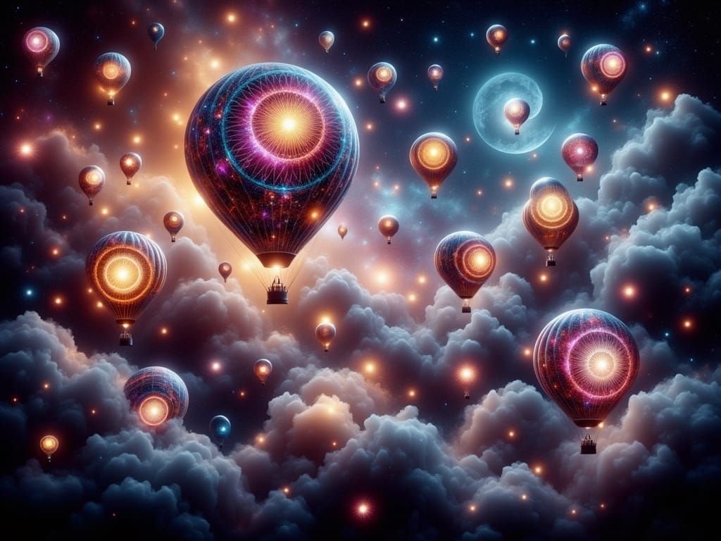 Surreal Digital Art Piece Featuring Glowing Hot Air Balloons...