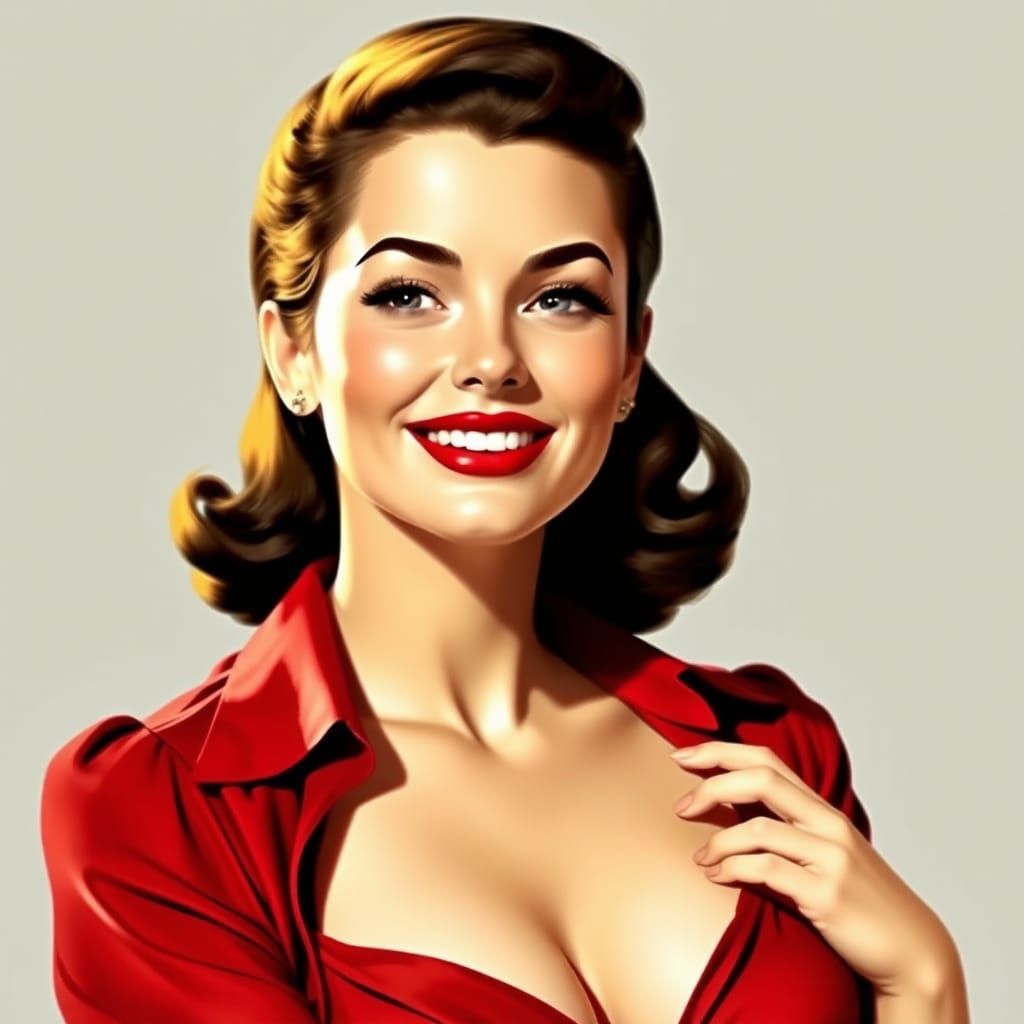 Brunette Pin-Up in Red Blouse, Vargas Style