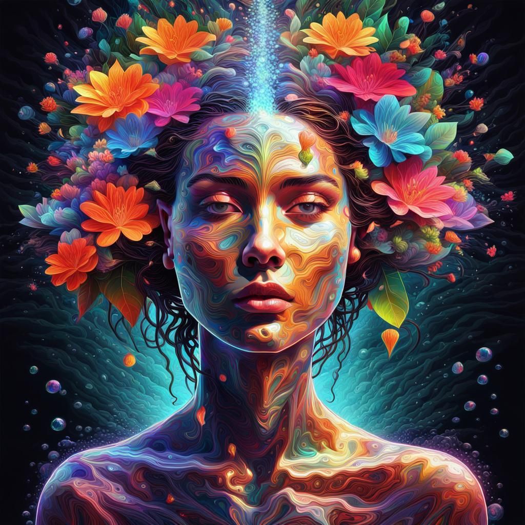 Surreal Digital Art: Woman with Floral Brain