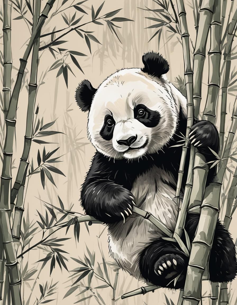 Minimalist Panda Bear Line Art on Bamboo Branch