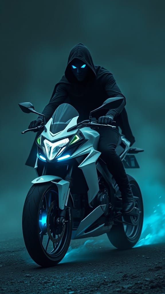 Ethereal Rider on a Glowing White Bike, Haunting Gothic Land...