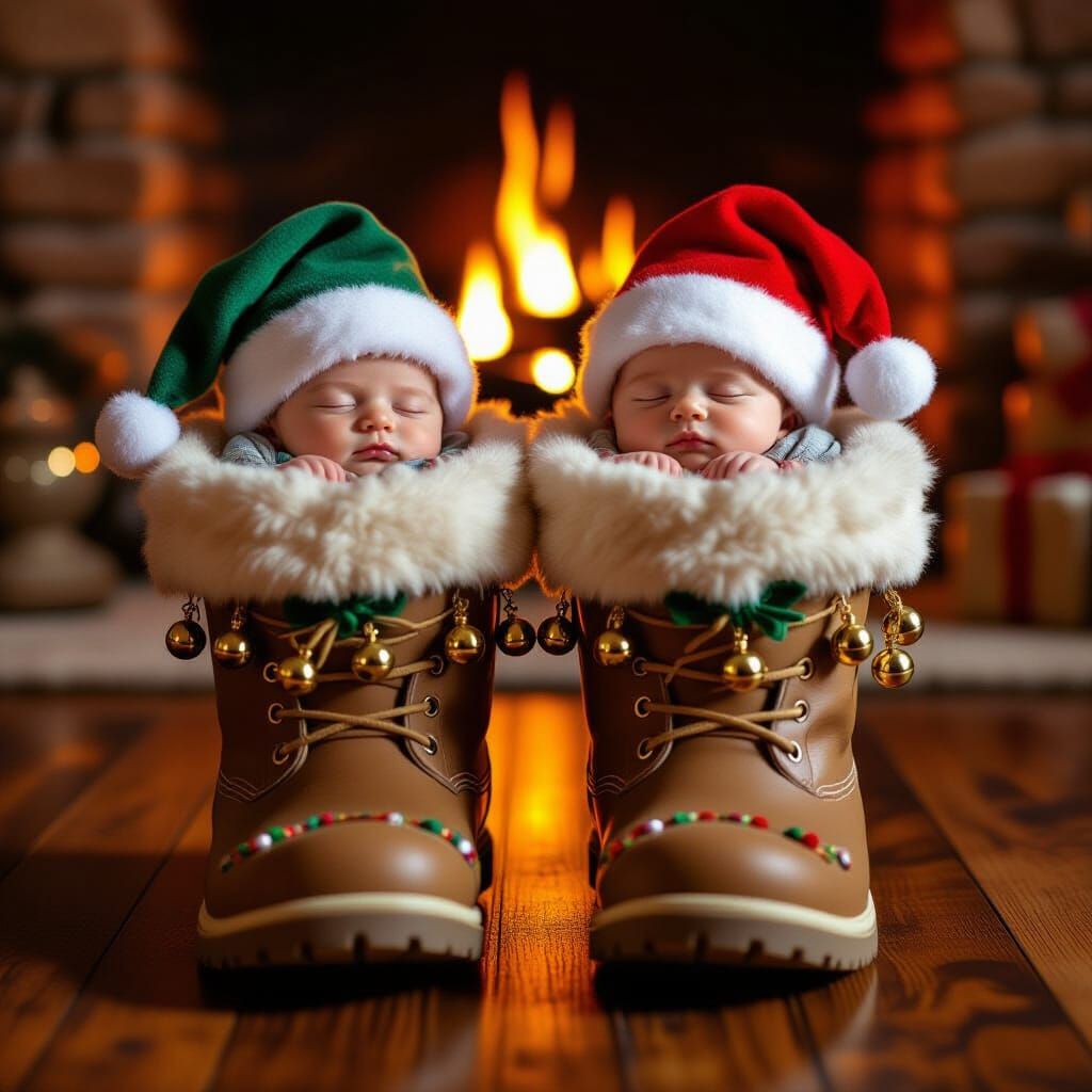 Two Newborns Sleeping in Giant Elf Boots by Fireplace