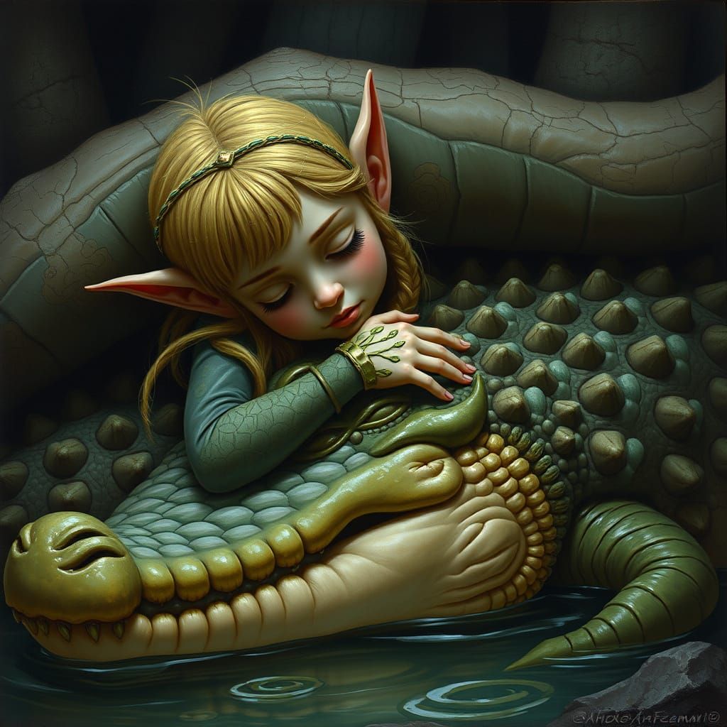 Fantasy Elf and Crocodile Share a Cozy Moment