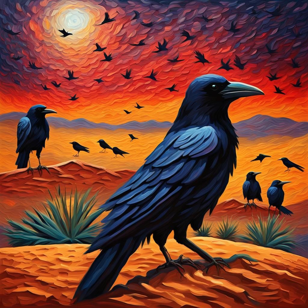 Crows in Desert Night Sky, Impasto Oil Painting