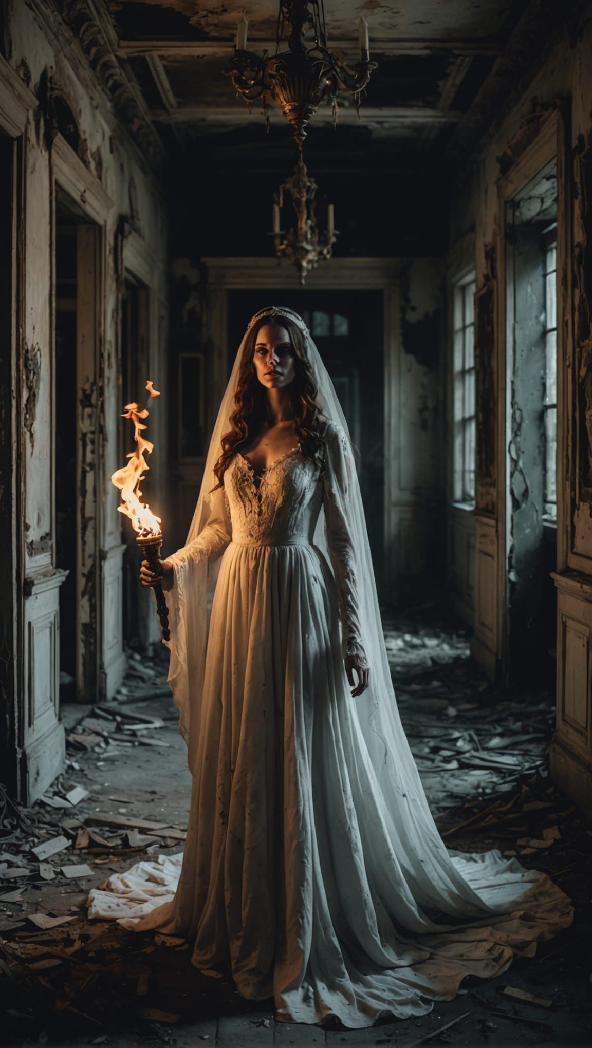 Eerie Ghost in Abandoned Mansion at Night