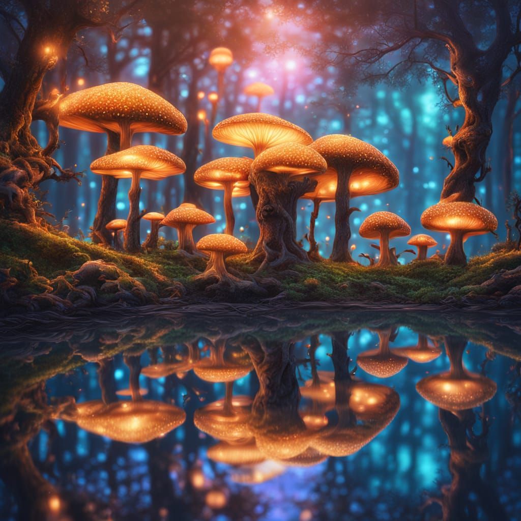 Bioluminescent Forest Reflected in Surreal Oil Painting