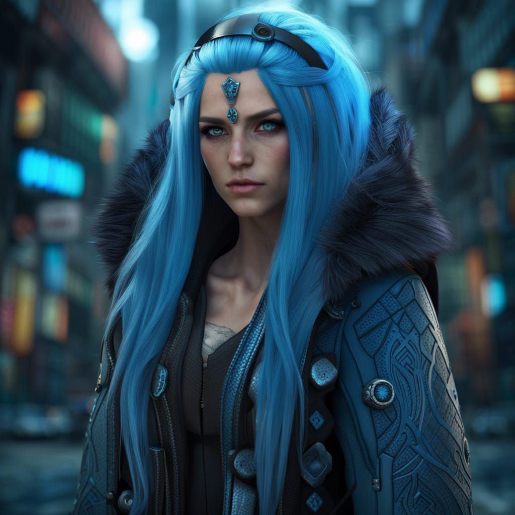 Cyberpunk Viking Woman with Blue Hair, Digital Art