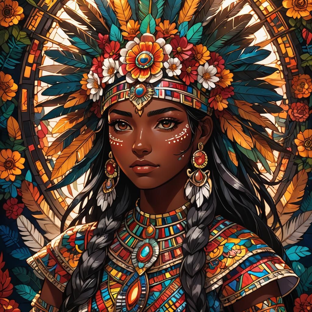 Aztec Girl in Anime Manga Style with Neon Accents