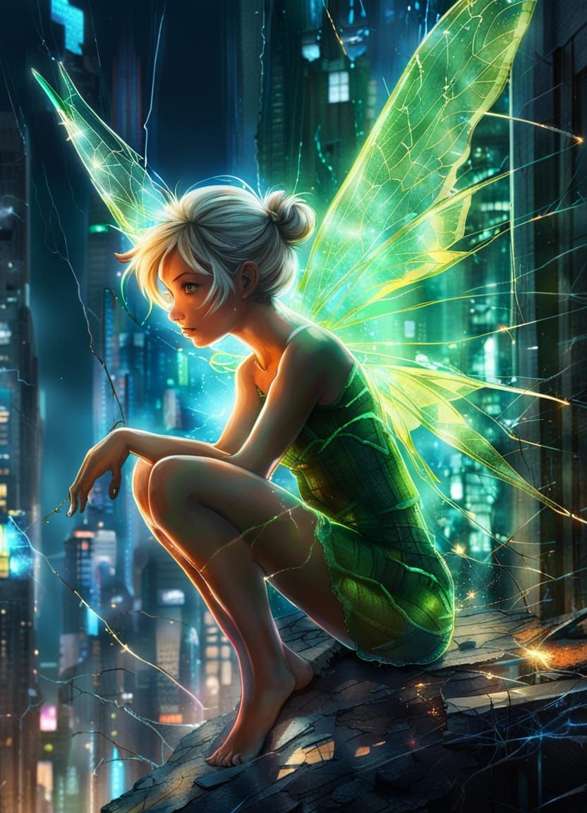 Tinkerbell Fairy in Cracked Neon Cityscape