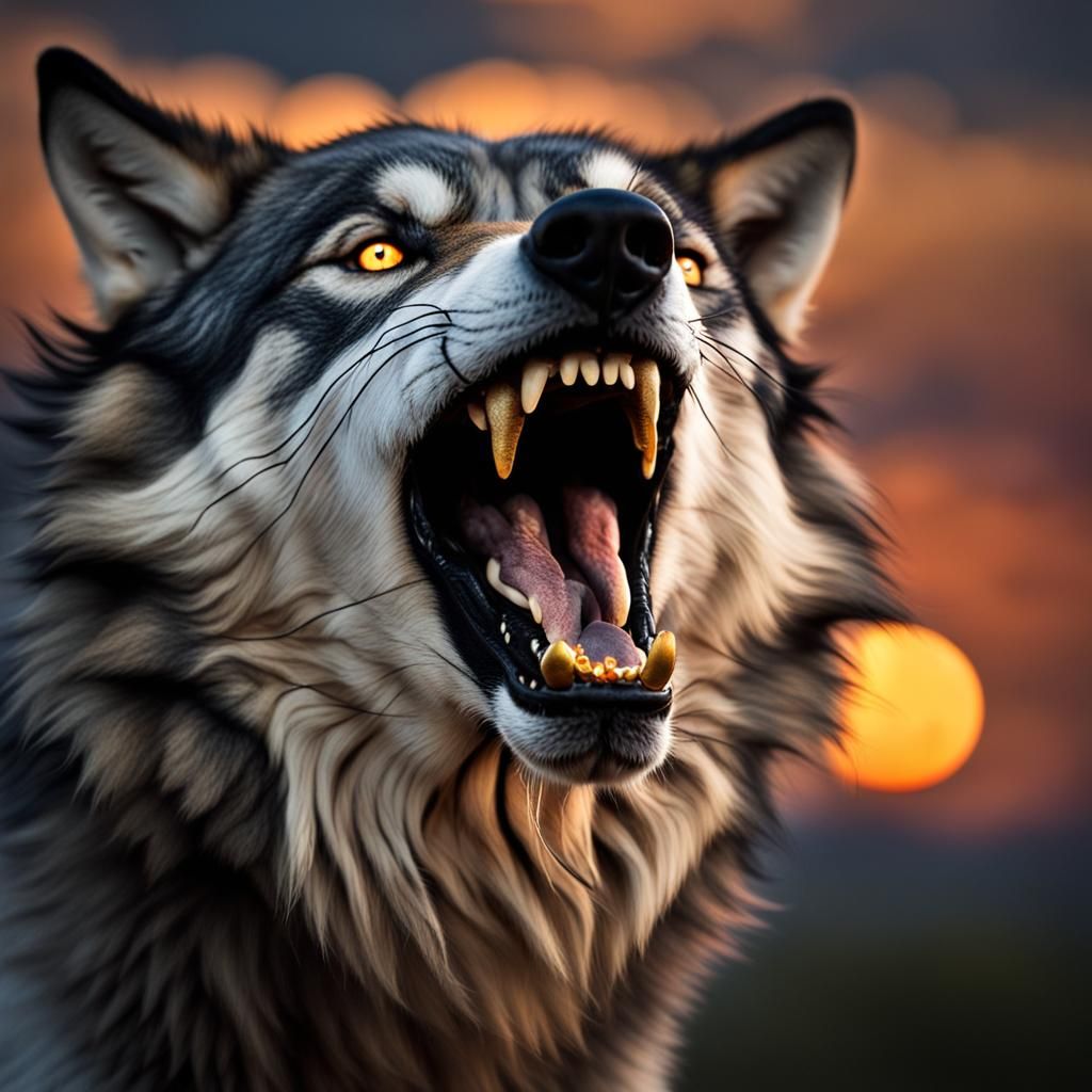 Wolf's Screaming Face with Magical Eyes and Gold Teeth