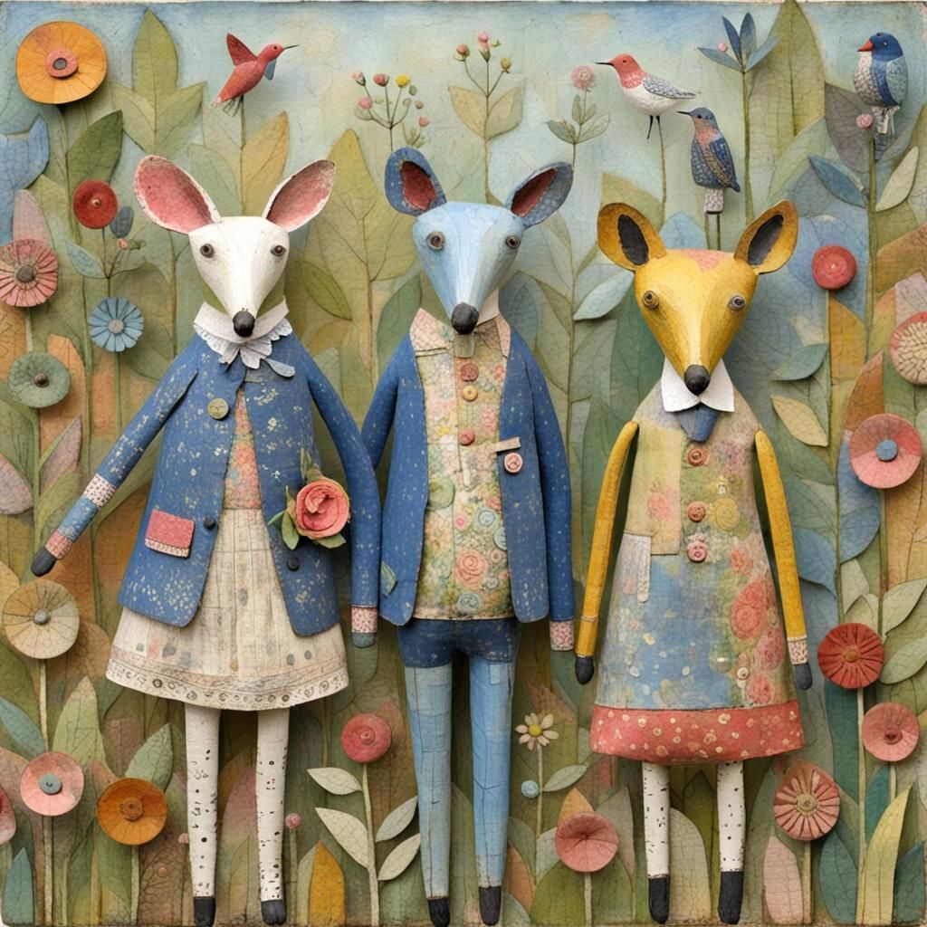 Whimsical Paper-Mache Animals in Cottage Garden