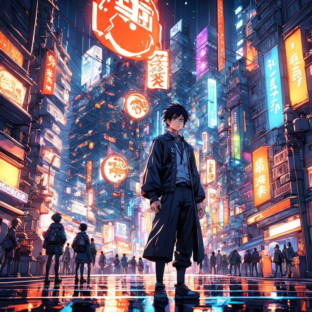 Manga-Inspired Detective Conan in Neon Tokyo