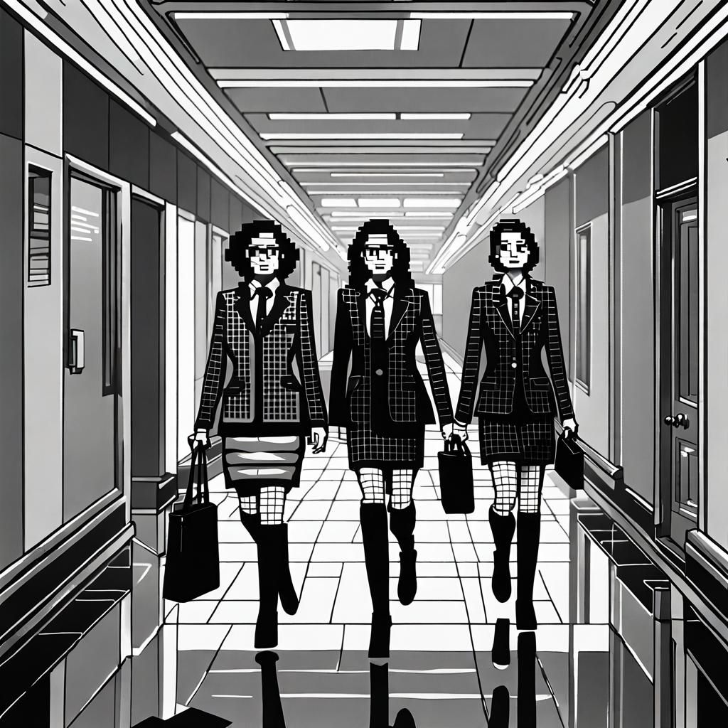 Grayscale Pixel Art of Businesswomen in Hallway