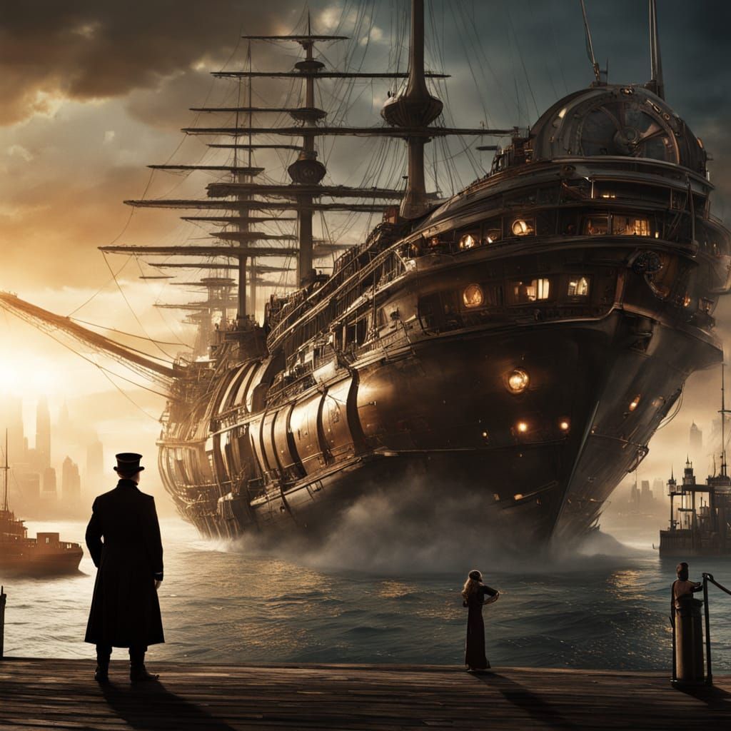 Steampunk Captain Admires Marvels of the Harbour