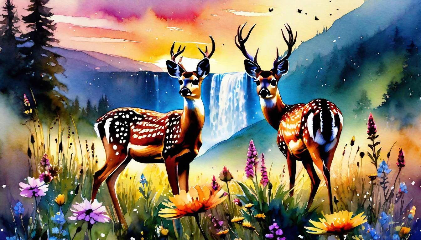 Deer in Meadow at Sunset: Digital Watercolor